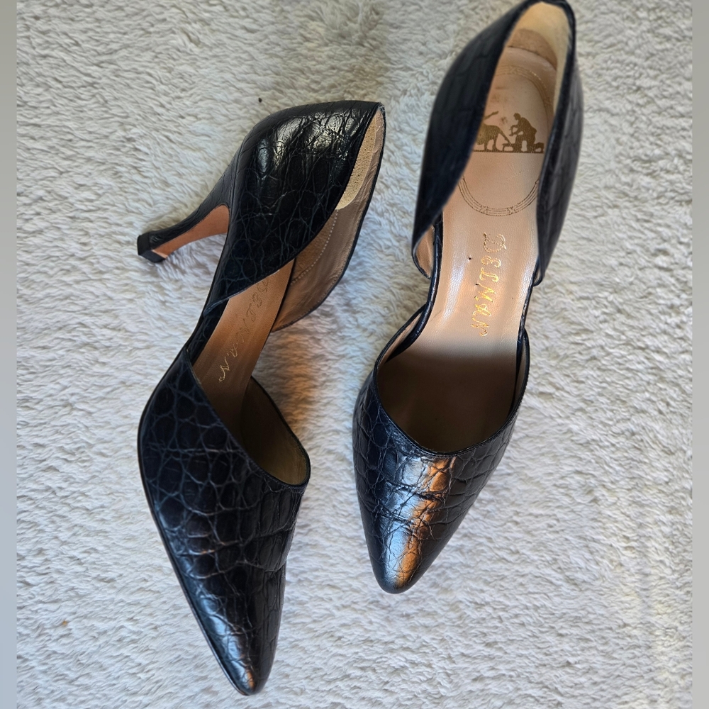 VINTAGE Deadstock Delman 'Princess A' Navy Alligator Print Leather Pumps Sz 6